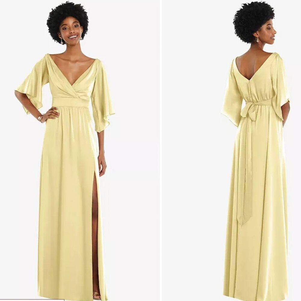 Asymmetric Bell Sleeve Wrap Maxi Dress with Front Slit in Pale Yellow (2x)